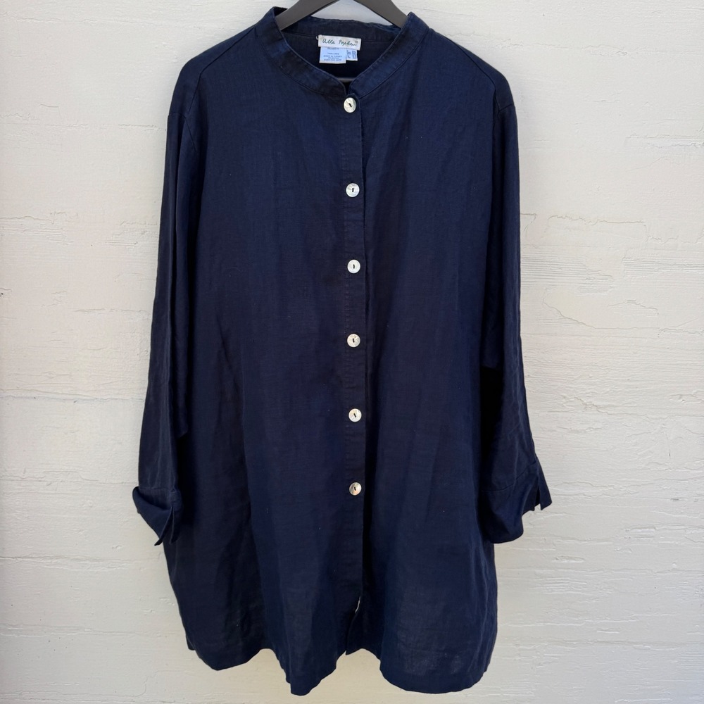 Ulla Popken Linen Button Up Tunic 32/34 Navy Blue Lagenlook Coastal Relaxed Fit